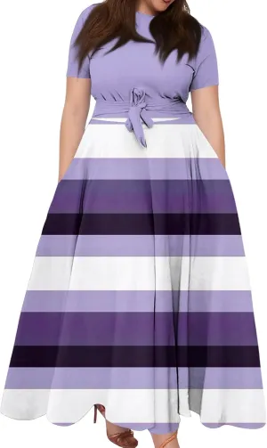 ZEFOTIM Long Maxi Dresses for Women Plus Size Cute Gradient/Stripe Dress Short Sleeve Crew Neck Dresses