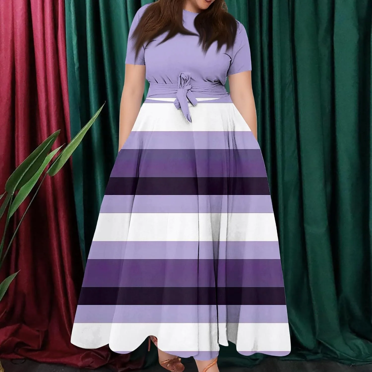 ZEFOTIM Long Maxi Dresses for Women Plus Size Cute Gradient/Stripe Dress Short Sleeve Crew Neck Dresses