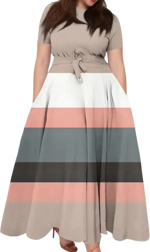 ZEFOTIM Long Maxi Dresses for Women Plus Size Cute Gradient/Stripe Dress Short Sleeve Crew Neck Dresses