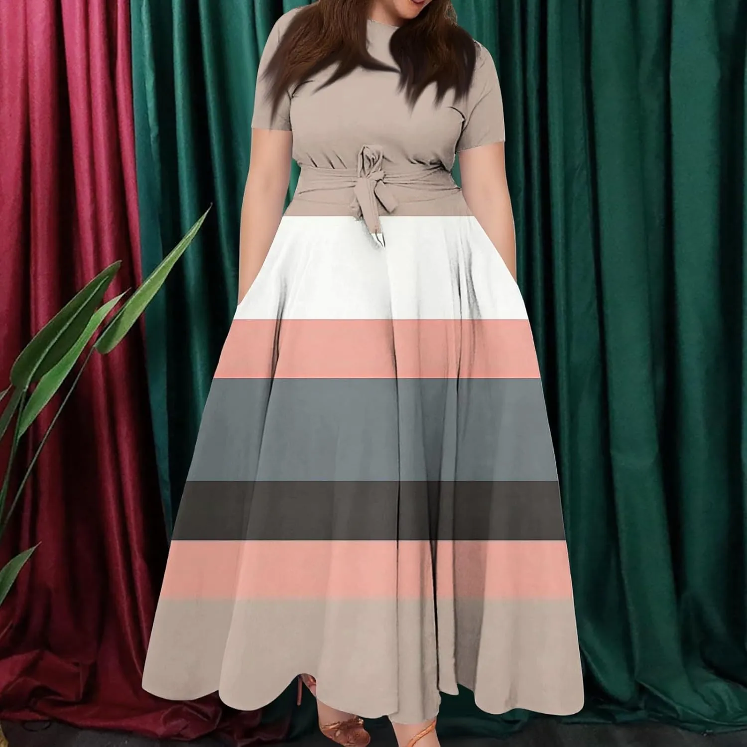 ZEFOTIM Long Maxi Dresses for Women Plus Size Cute Gradient/Stripe Dress Short Sleeve Crew Neck Dresses