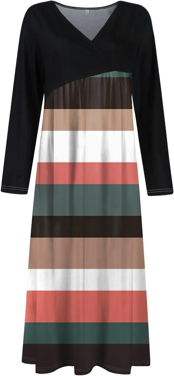 ZEFOTIM Long Sleeve Dresses for Women Color Block Dress Summer Dresses Maxi Dress V Neck Dress Spring Dresses for Women