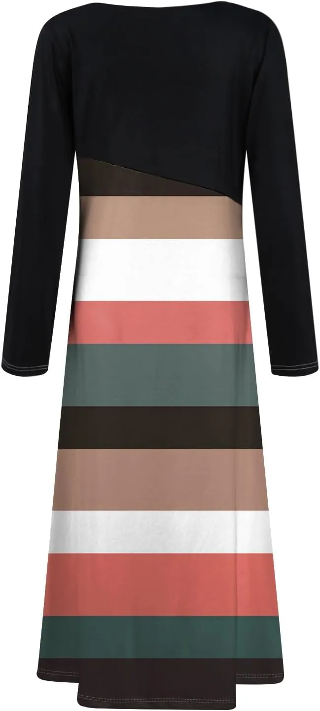 ZEFOTIM Long Sleeve Dresses for Women Color Block Dress Summer Dresses Maxi Dress V Neck Dress Spring Dresses for Women