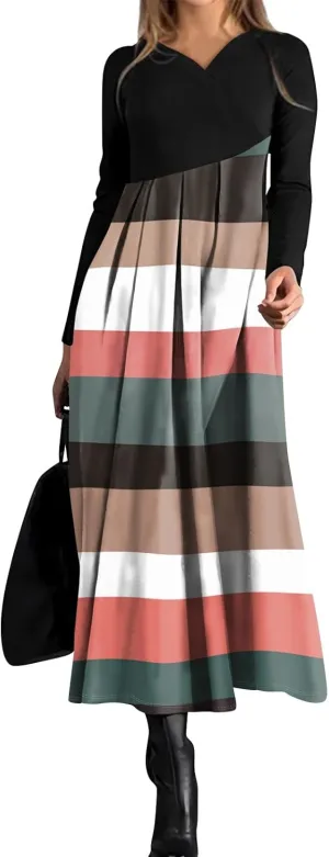 ZEFOTIM Long Sleeve Dresses for Women Color Block Dress Summer Dresses Maxi Dress V Neck Dress Spring Dresses for Women