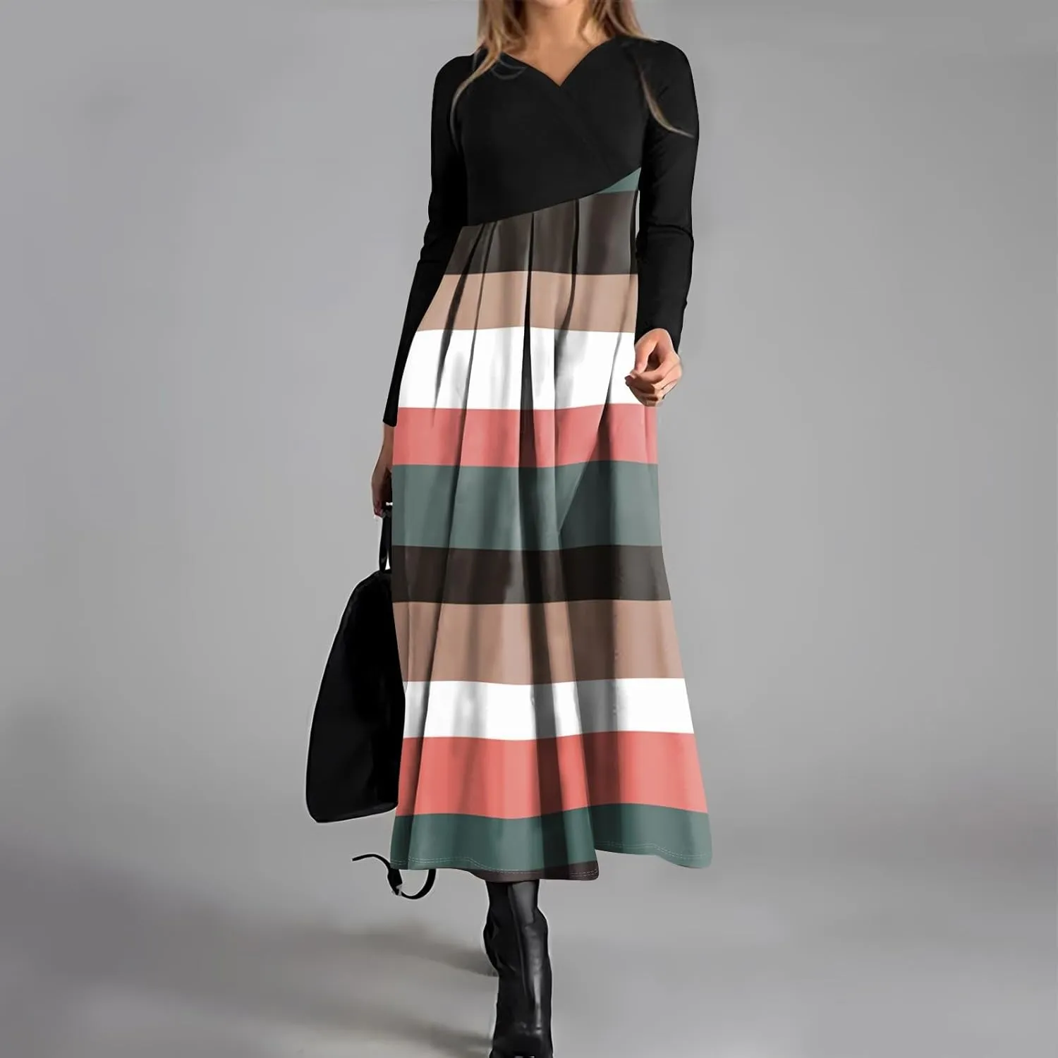ZEFOTIM Long Sleeve Dresses for Women Color Block Dress Summer Dresses Maxi Dress V Neck Dress Spring Dresses for Women