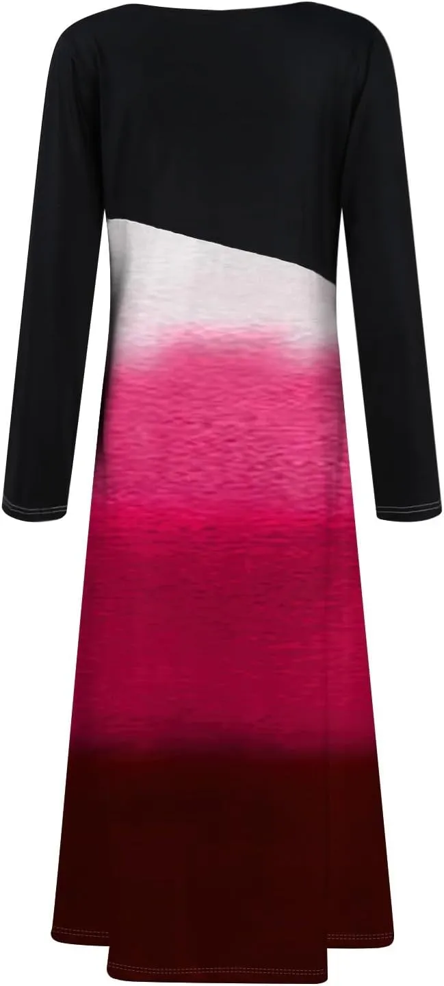 ZEFOTIM Long Sleeve Dresses for Women Color Block Dress Summer Dresses Maxi Dress V Neck Dresses Womens Spring Dresses 2025