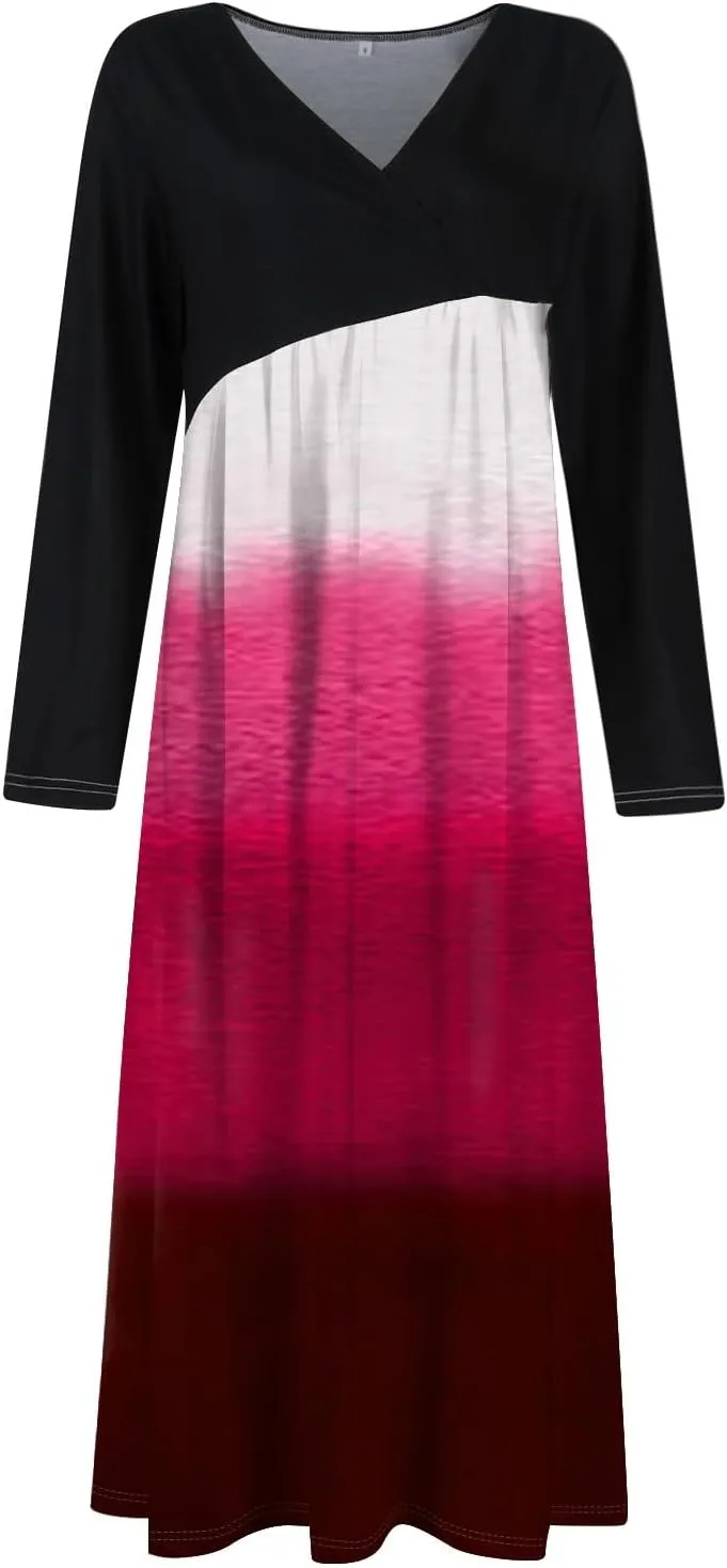 ZEFOTIM Long Sleeve Dresses for Women Color Block Dress Summer Dresses Maxi Dress V Neck Dresses Womens Spring Dresses 2025