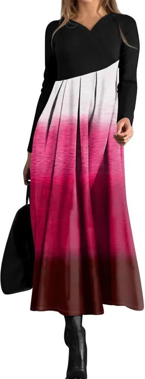ZEFOTIM Long Sleeve Dresses for Women Color Block Dress Summer Dresses Maxi Dress V Neck Dresses Womens Spring Dresses 2025