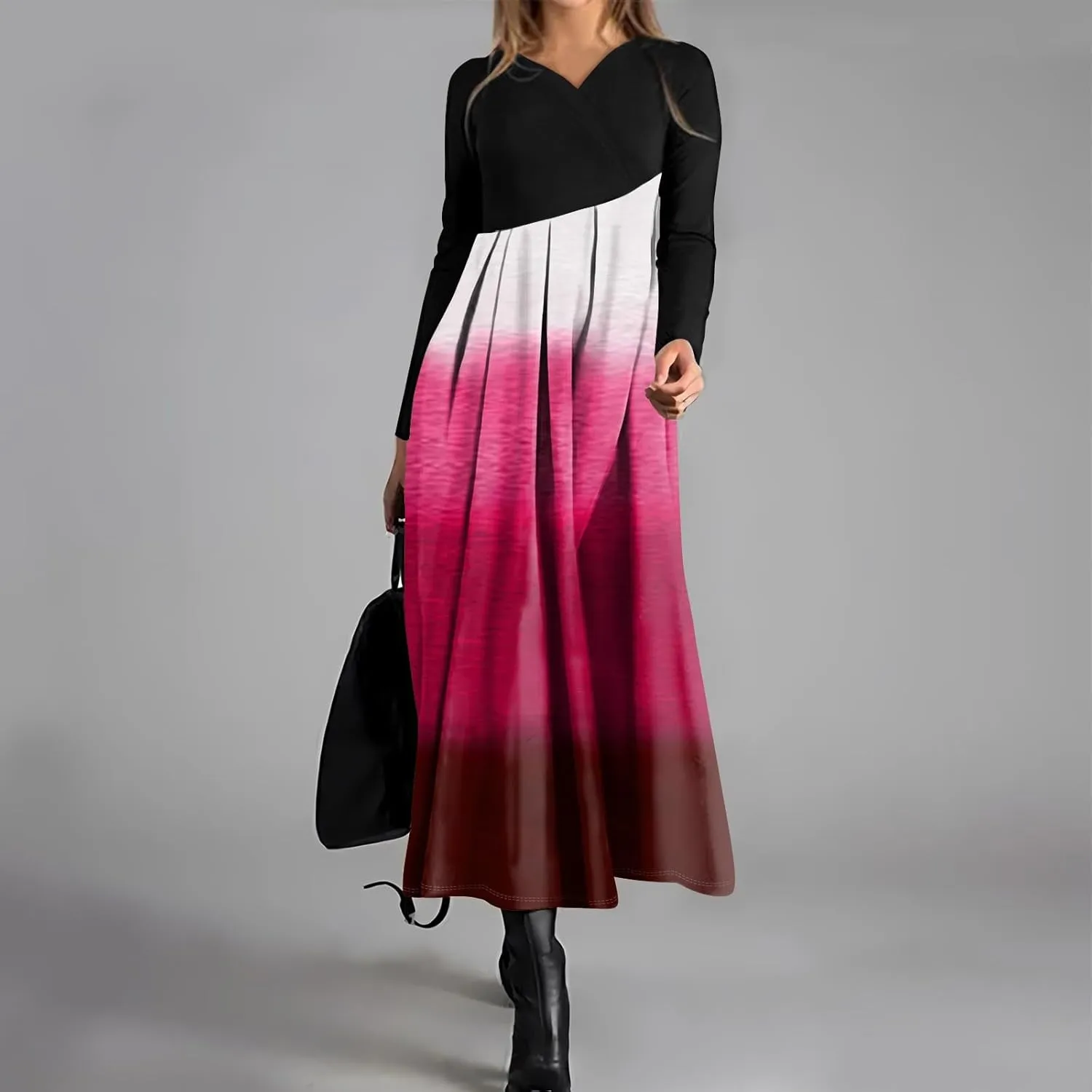 ZEFOTIM Long Sleeve Dresses for Women Color Block Dress Summer Dresses Maxi Dress V Neck Dresses Womens Spring Dresses 2025