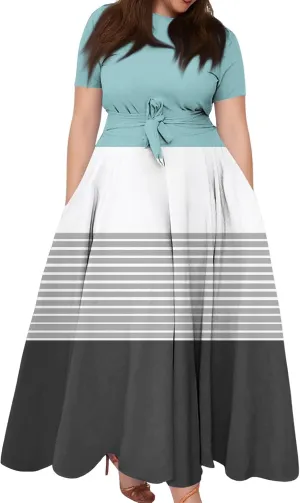 ZEFOTIM Maxi Dress for Women Plus Size Elegant Striped Dress Short Sleeve Crew Neck Dresses