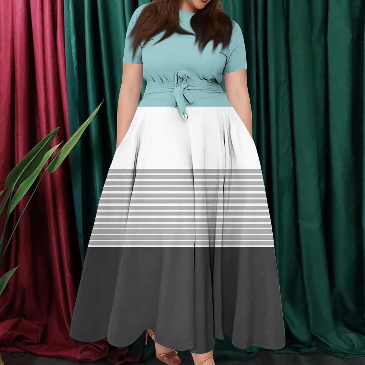 ZEFOTIM Maxi Dress for Women Plus Size Elegant Striped Dress Short Sleeve Crew Neck Dresses