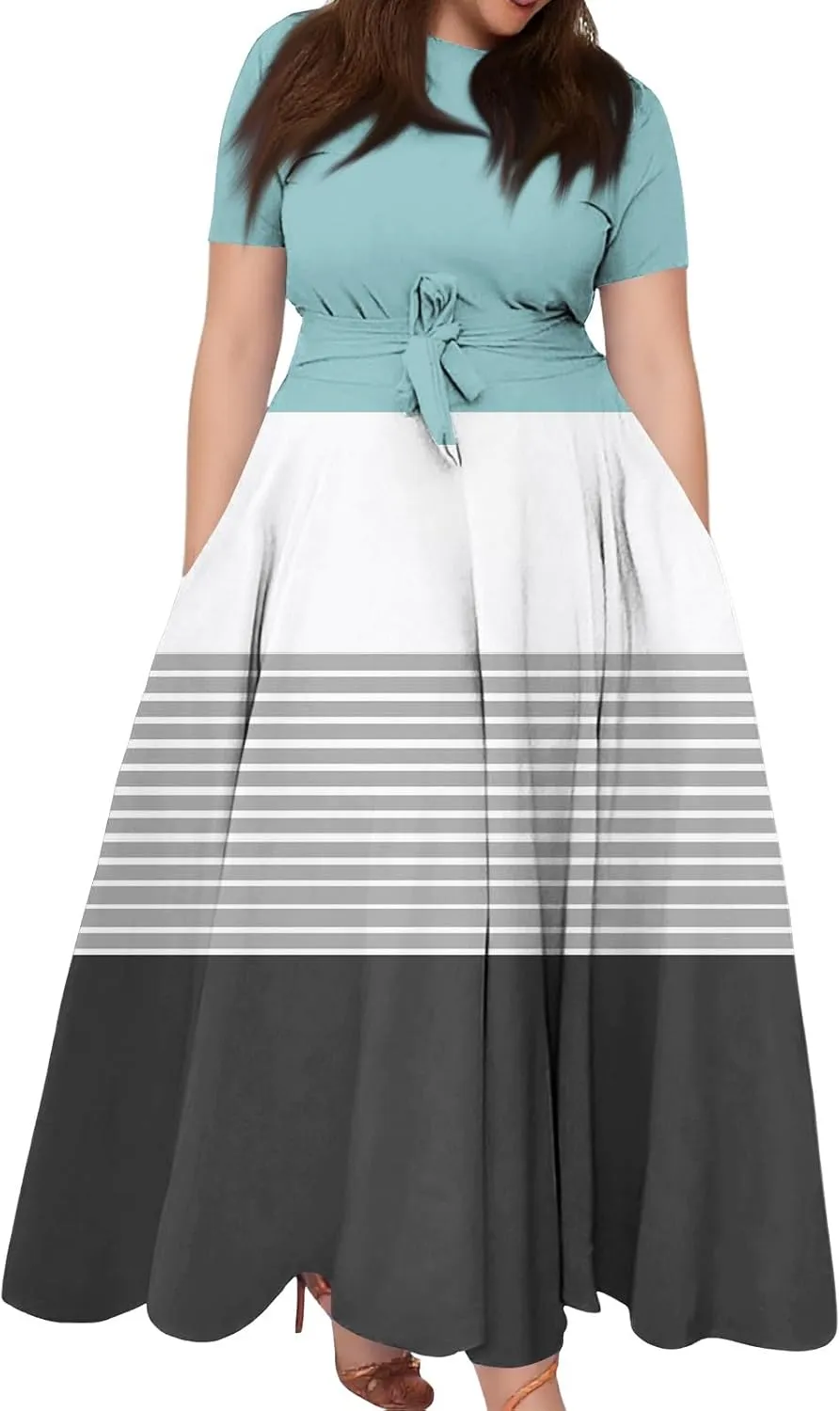 ZEFOTIM Maxi Dress for Women Plus Size Elegant Striped Dress Short Sleeve Crew Neck Dresses