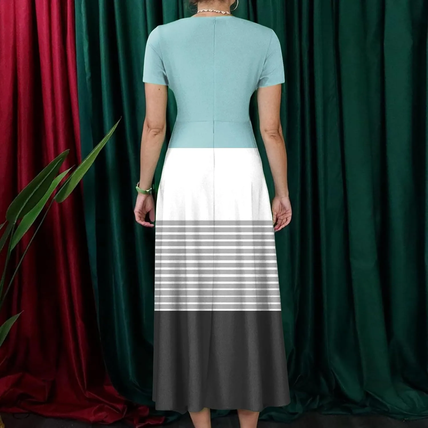 ZEFOTIM Maxi Dress for Women Plus Size Elegant Striped Dress Short Sleeve Crew Neck Dresses
