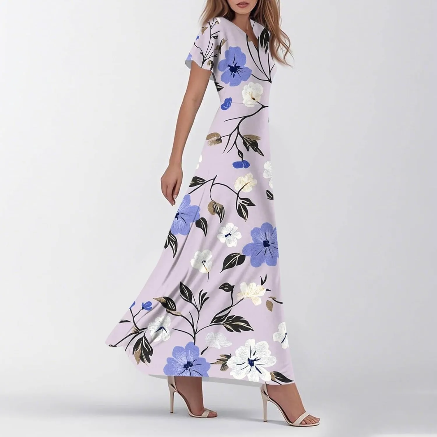 ZEFOTIM Maxi Dresses for Women 2025 Casual Floral Dress Short Sleeve V Neck Dresses