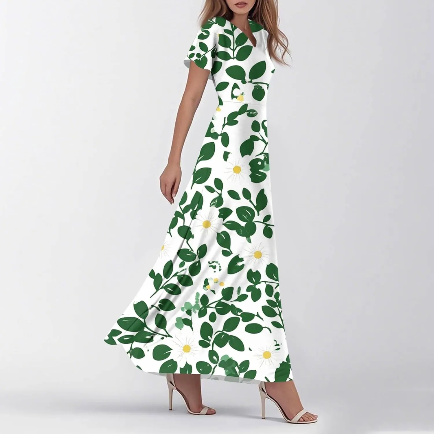 ZEFOTIM Maxi Dresses for Women 2025 Casual Floral Dress Short Sleeve V Neck Dresses