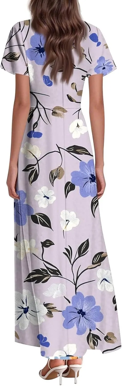 ZEFOTIM Maxi Dresses for Women 2025 Casual Floral Dress Short Sleeve V Neck Dresses