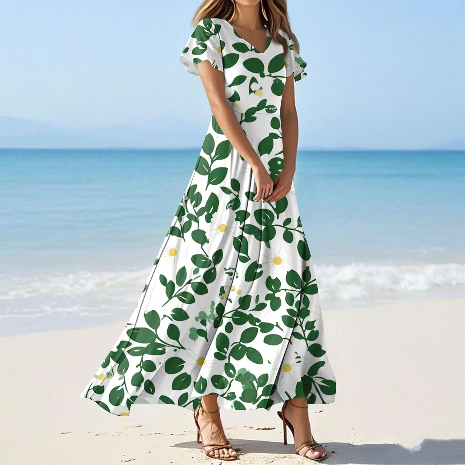 ZEFOTIM Maxi Dresses for Women 2025 Casual Floral Dress Short Sleeve V Neck Dresses