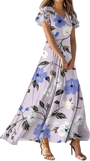ZEFOTIM Maxi Dresses for Women 2025 Casual Floral Dress Short Sleeve V Neck Dresses