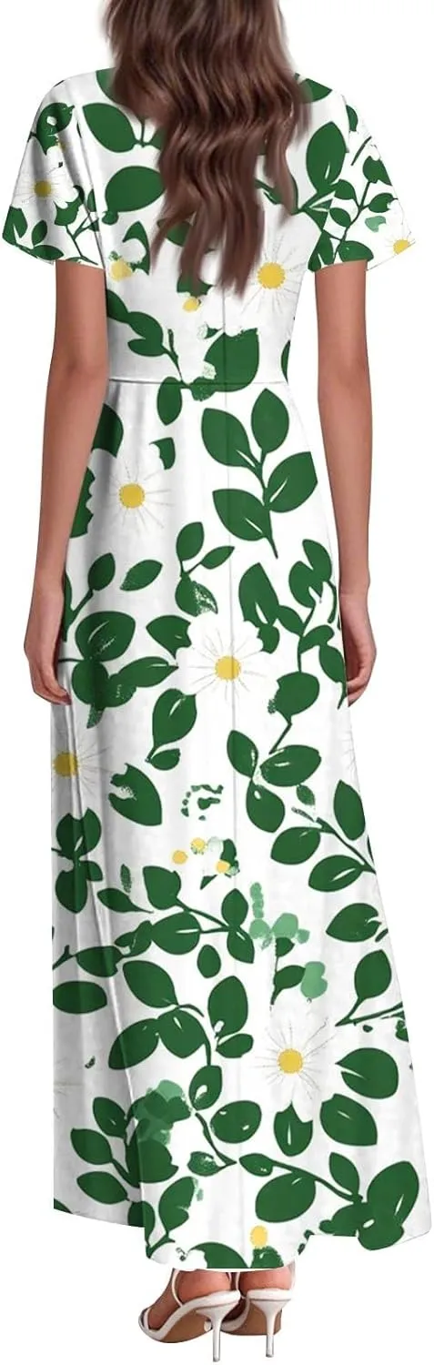 ZEFOTIM Maxi Dresses for Women 2025 Casual Floral Dress Short Sleeve V Neck Dresses