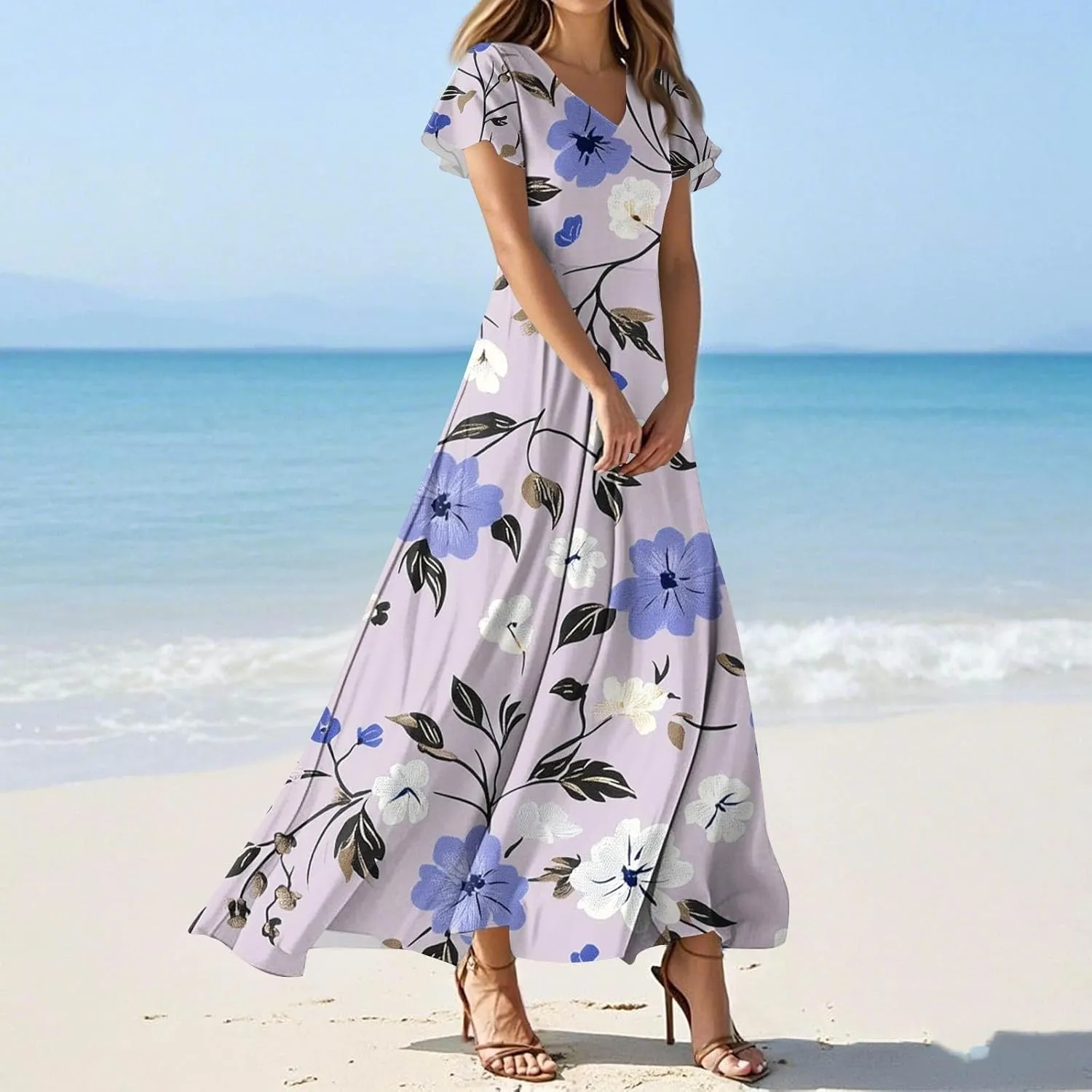ZEFOTIM Maxi Dresses for Women 2025 Casual Floral Dress Short Sleeve V Neck Dresses