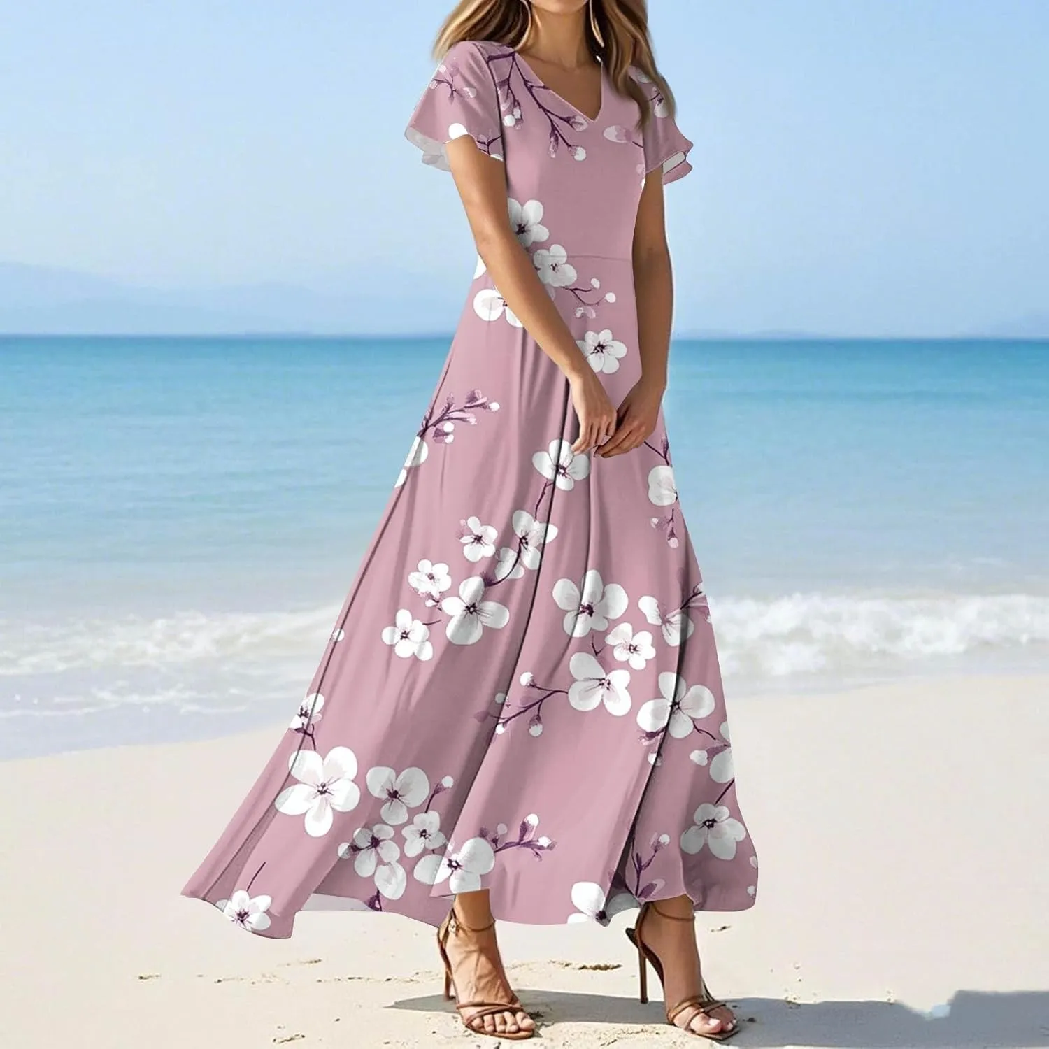ZEFOTIM Maxi Dresses for Women 2025 Cocktail Floral Dress Short Sleeve V Neck Dresses