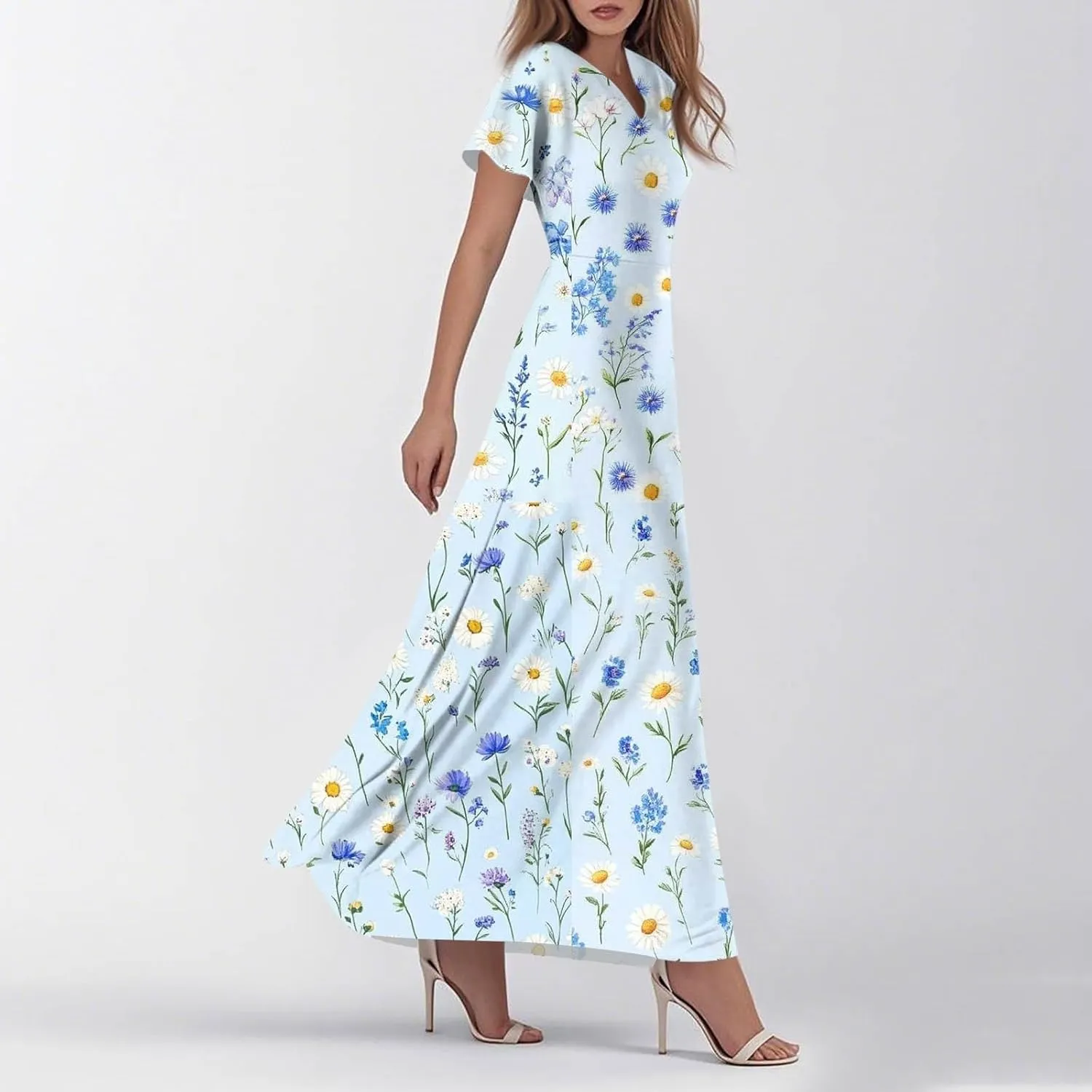ZEFOTIM Maxi Dresses for Women 2025 Cocktail Floral Dress Short Sleeve V Neck Dresses