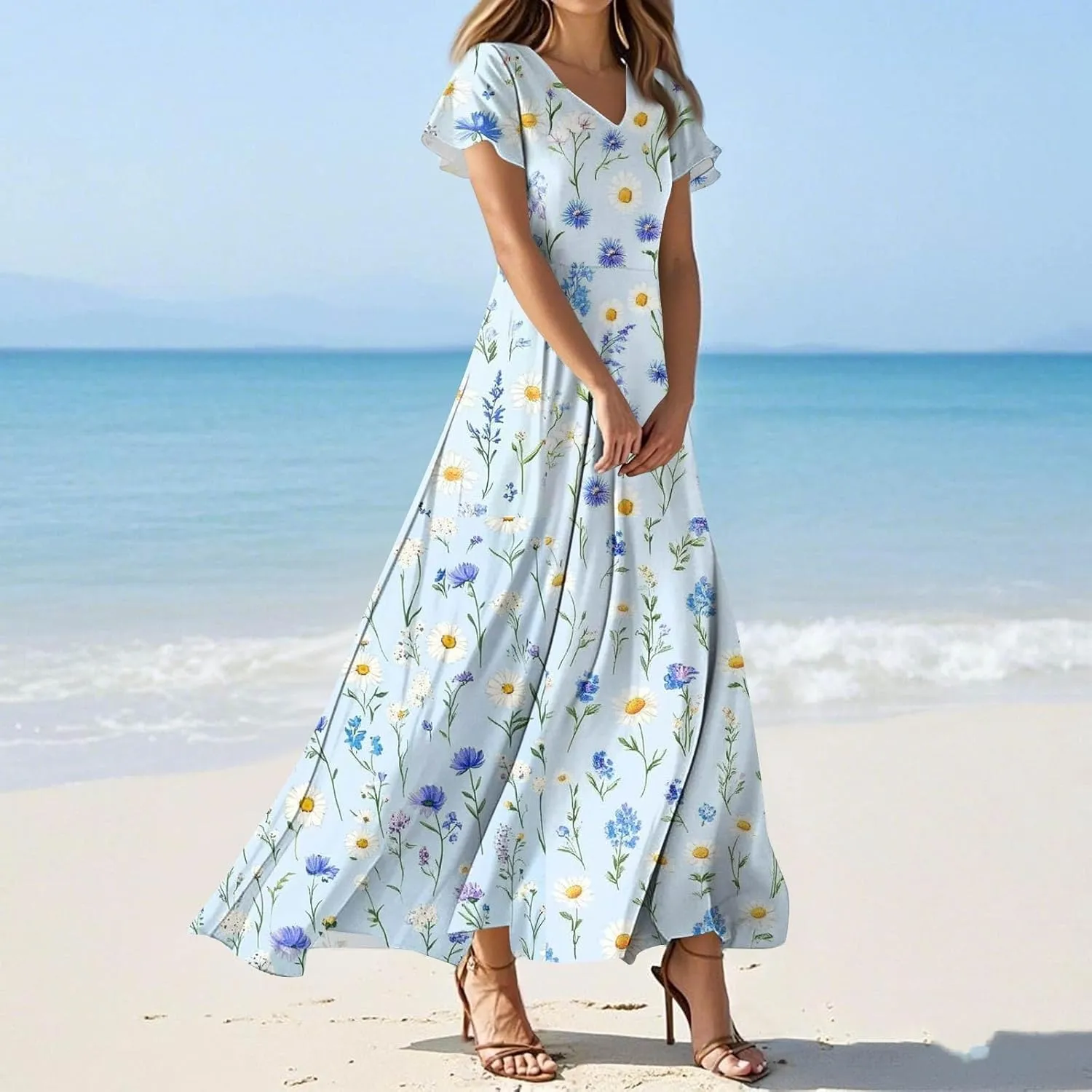 ZEFOTIM Maxi Dresses for Women 2025 Cocktail Floral Dress Short Sleeve V Neck Dresses