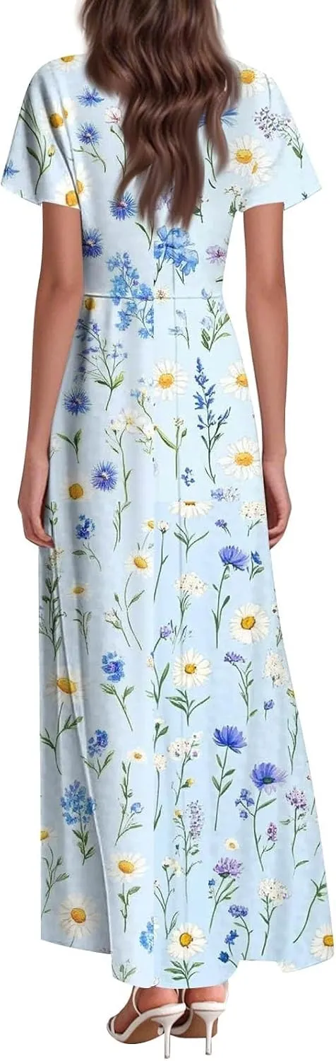 ZEFOTIM Maxi Dresses for Women 2025 Cocktail Floral Dress Short Sleeve V Neck Dresses