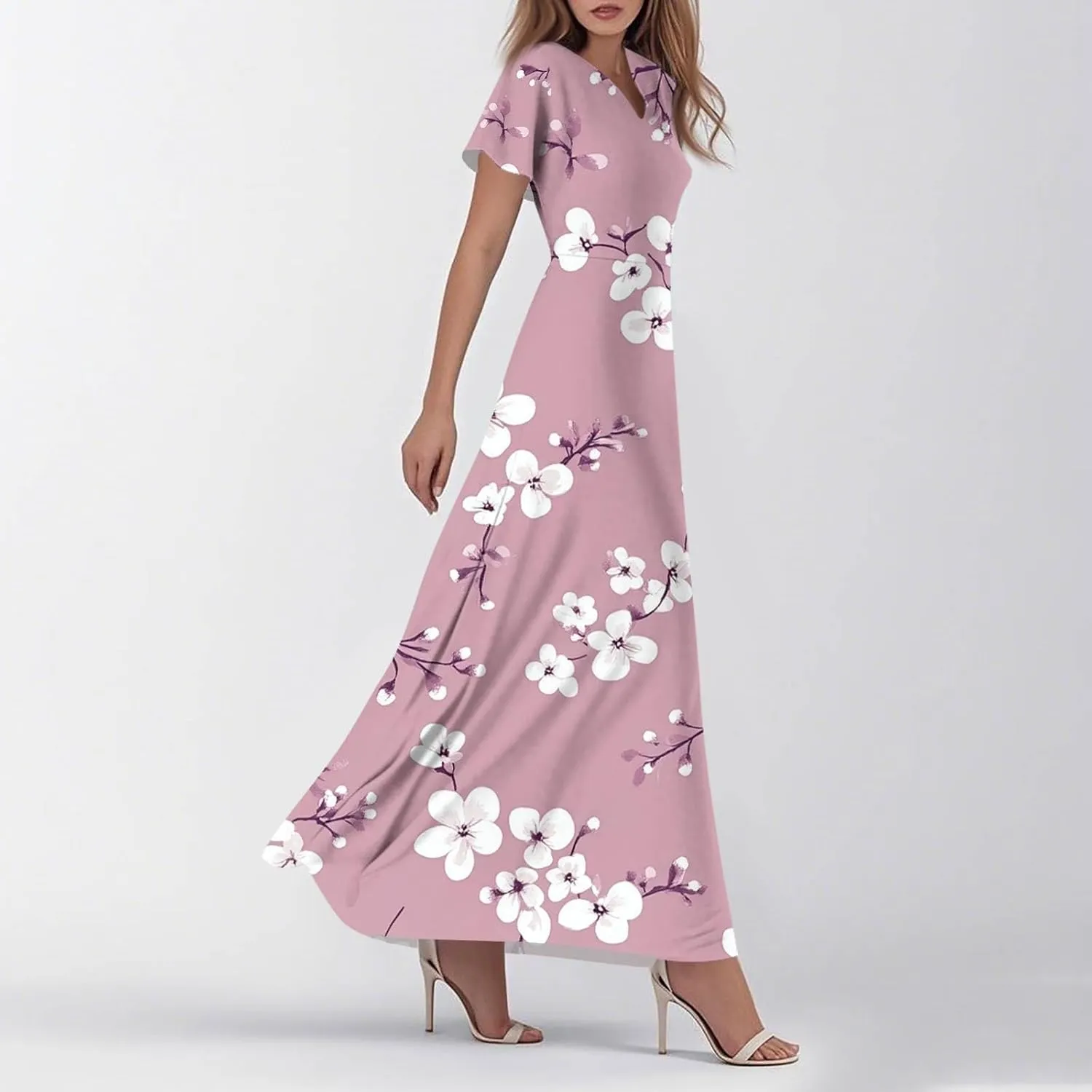 ZEFOTIM Maxi Dresses for Women 2025 Cocktail Floral Dress Short Sleeve V Neck Dresses