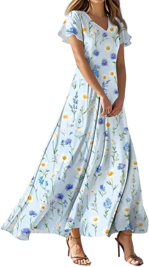 ZEFOTIM Maxi Dresses for Women 2025 Cocktail Floral Dress Short Sleeve V Neck Dresses