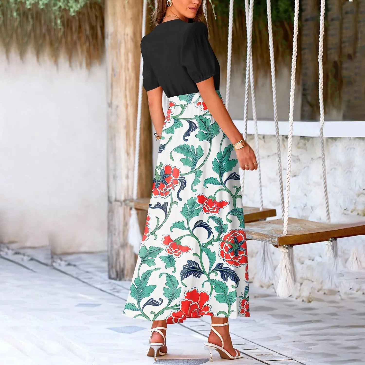 ZEFOTIM Women's Maxi Dress Cute Floral Dress Short Sleeve V Neck Dresses with Slit