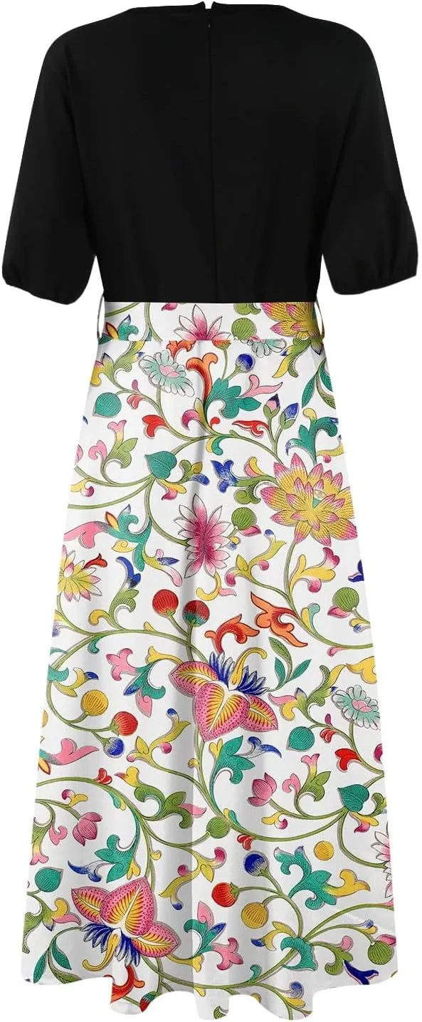 ZEFOTIM Women's Maxi Dress Cute Floral Dress Short Sleeve V Neck Dresses with Slit