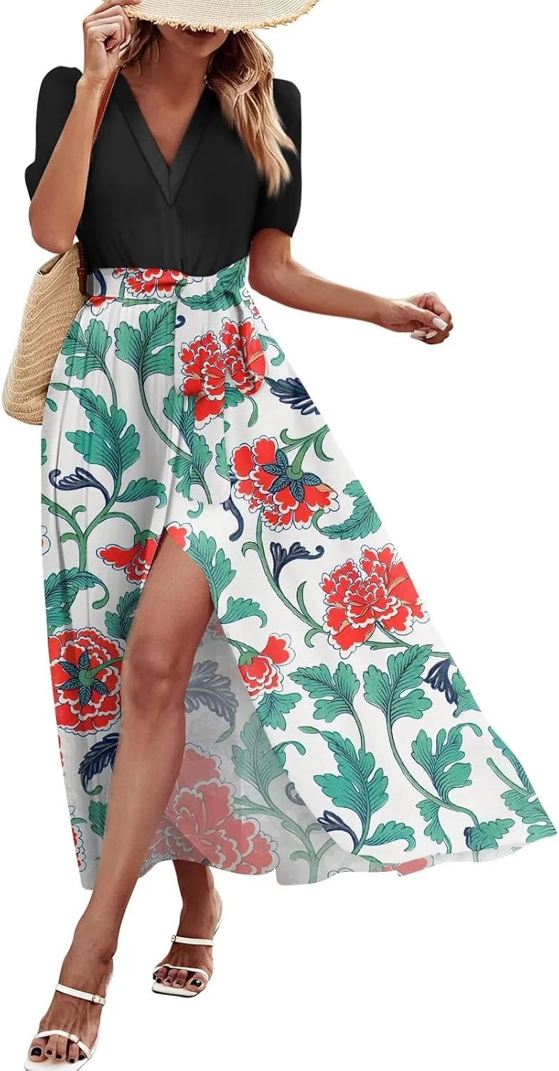 ZEFOTIM Women's Maxi Dress Cute Floral Dress Short Sleeve V Neck Dresses with Slit