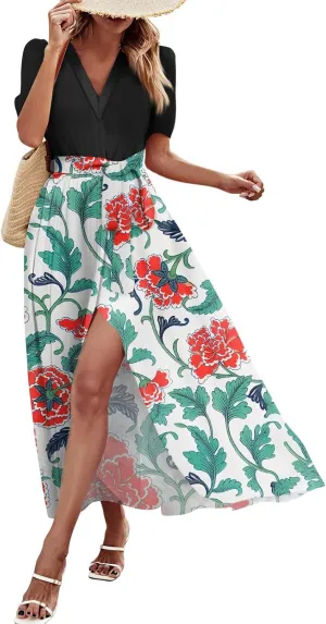 ZEFOTIM Women's Maxi Dress Cute Floral Dress Short Sleeve V Neck Dresses with Slit