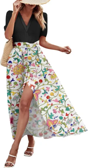 ZEFOTIM Women's Maxi Dress Cute Floral Dress Short Sleeve V Neck Dresses with Slit