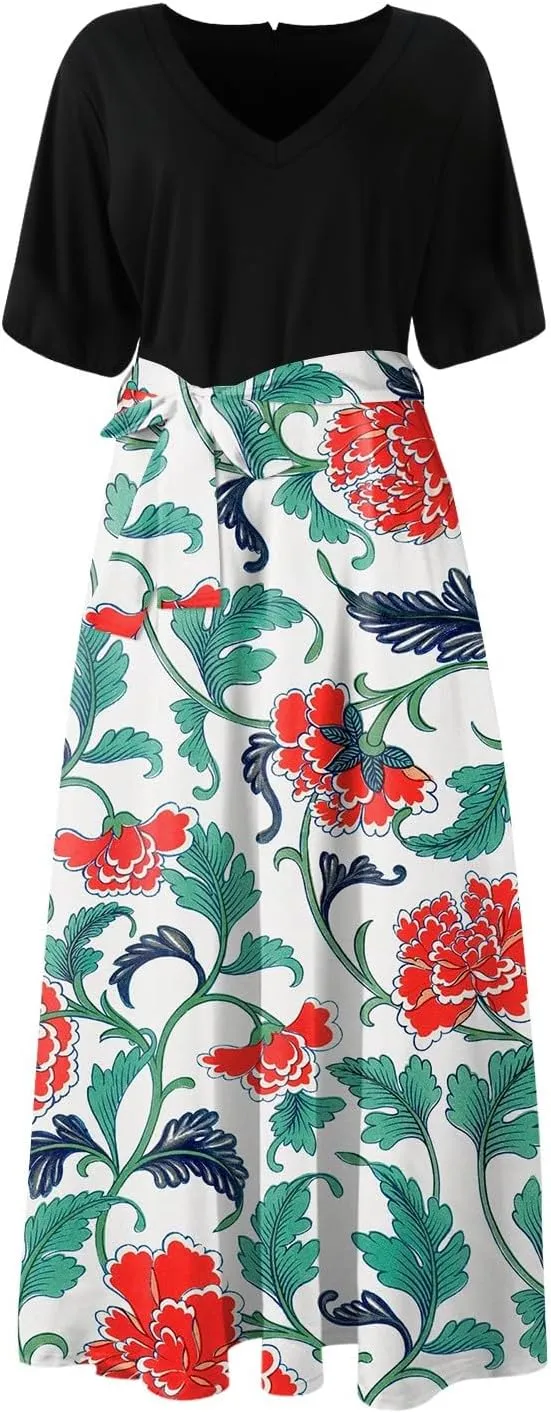 ZEFOTIM Women's Maxi Dress Cute Floral Dress Short Sleeve V Neck Dresses with Slit
