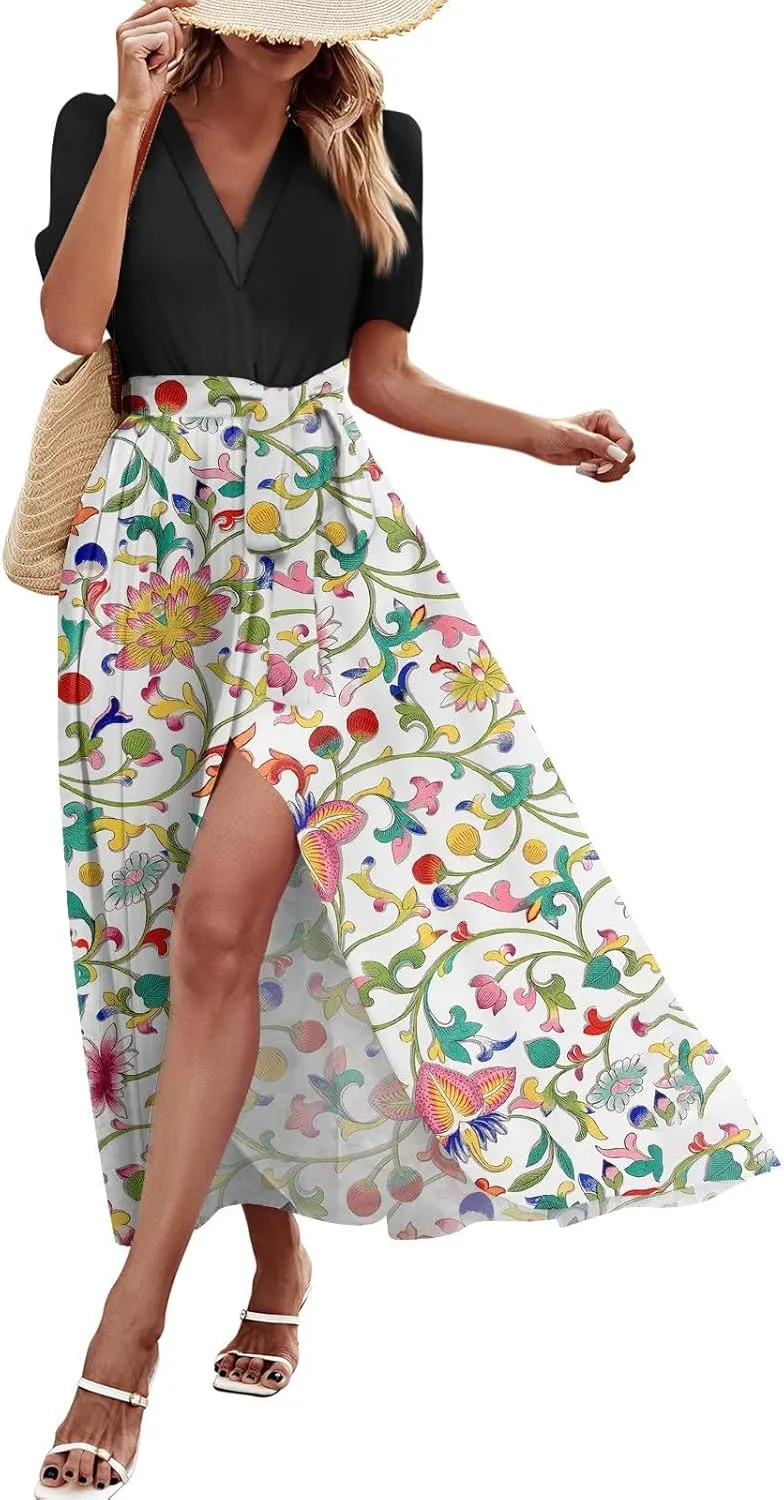 ZEFOTIM Women's Maxi Dress Cute Floral Dress Short Sleeve V Neck Dresses with Slit