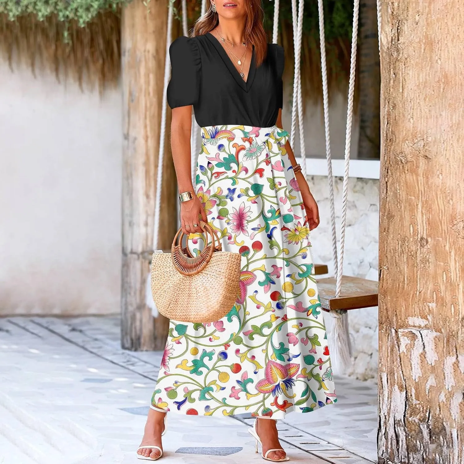 ZEFOTIM Women's Maxi Dress Work Floral Dress Short Sleeve V Neck Dresses with Slit
