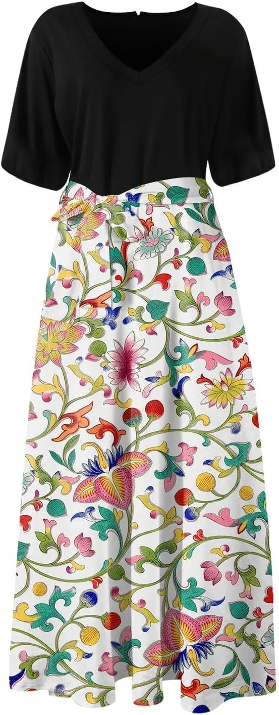 ZEFOTIM Women's Maxi Dress Work Floral Dress Short Sleeve V Neck Dresses with Slit