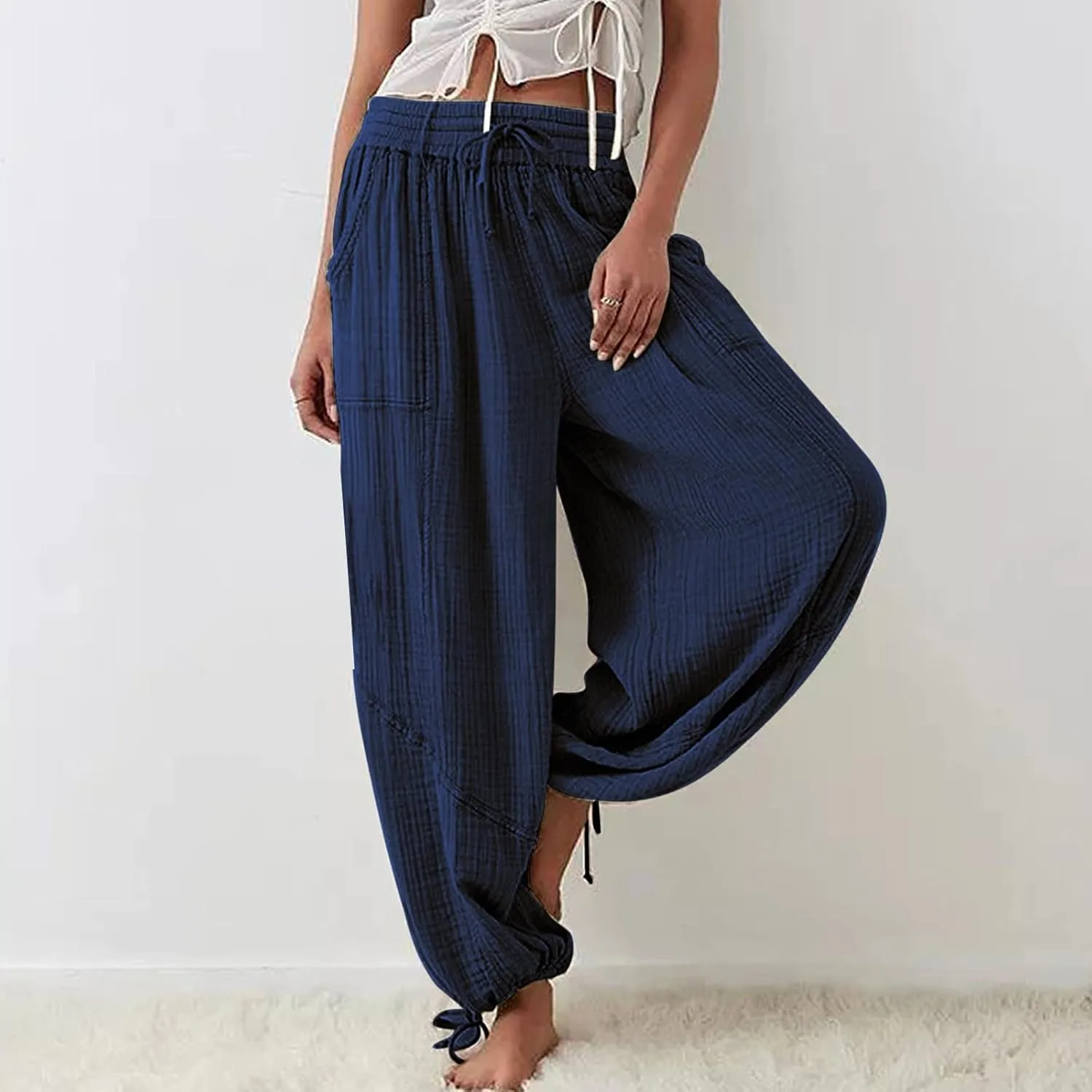 ZYXTIM Boho Pants for Women 2024 Plus Size Summer Wide Leg Smocked High Waisted Long Lounge Trousers Linen Palazzo Pants
