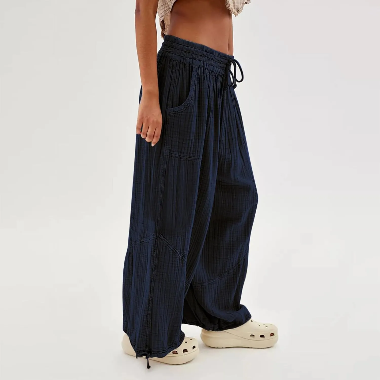 ZYXTIM Boho Pants for Women 2024 Plus Size Summer Wide Leg Smocked High Waisted Long Lounge Trousers Linen Palazzo Pants
