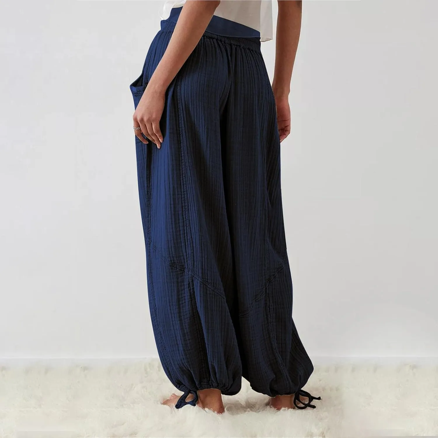 ZYXTIM Boho Pants for Women 2024 Plus Size Summer Wide Leg Smocked High Waisted Long Lounge Trousers Linen Palazzo Pants